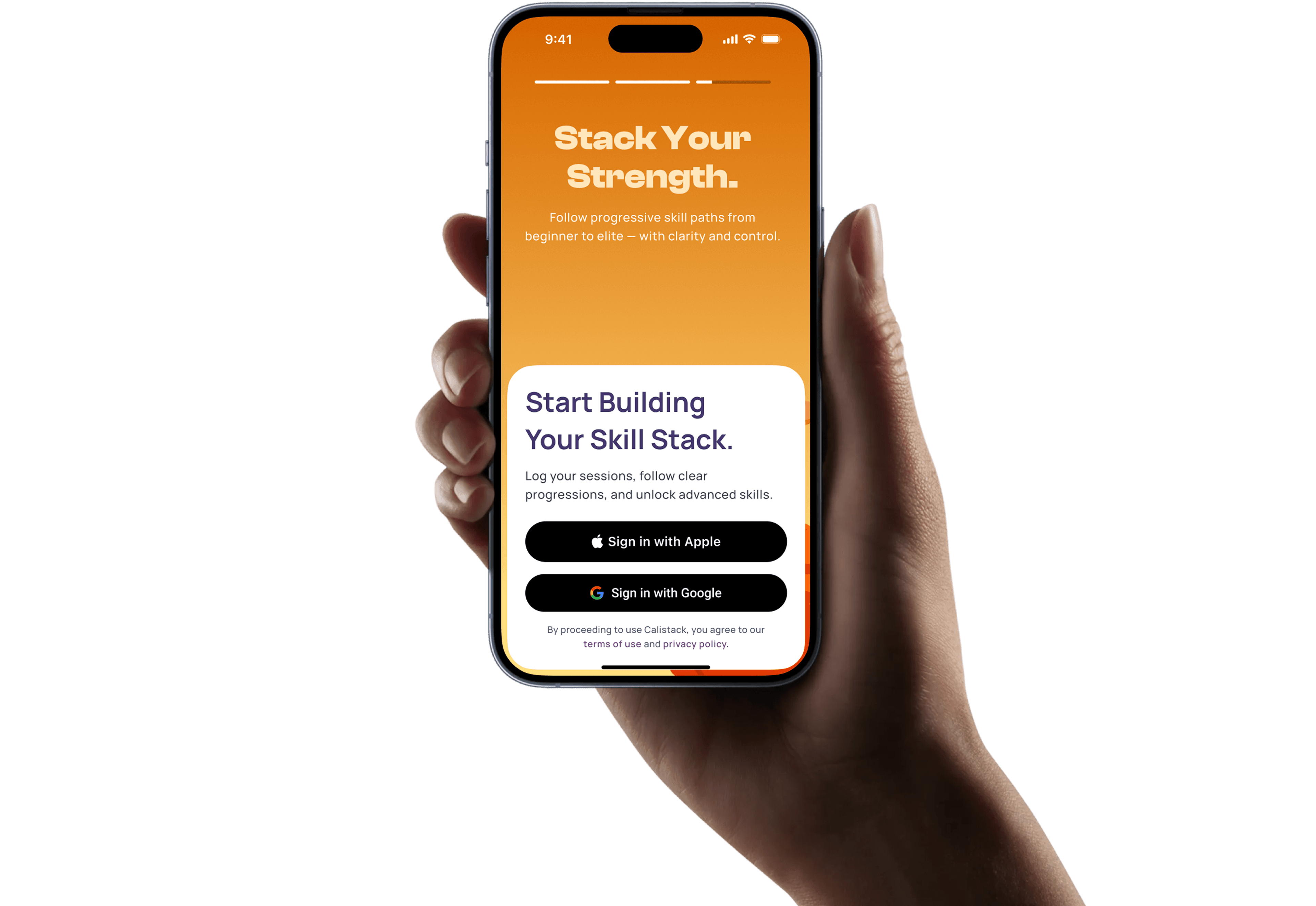 Hand holding the Calistack app